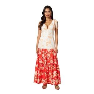 COLOR-BLOCK V NECK SLEEVELESS TIERED FLORAL PRINT MAXI DRESS